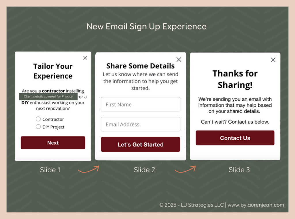 The New Email Sign Up Experience: 
The first slide asked if the user was working on a project as a "Contractor" or a "DIY Enthusiast." The second slide requested the user's "First Name" and "Email Address." The third and final slide confirmed that we received their details and would send them more information soon. 

By Lauren Jean
