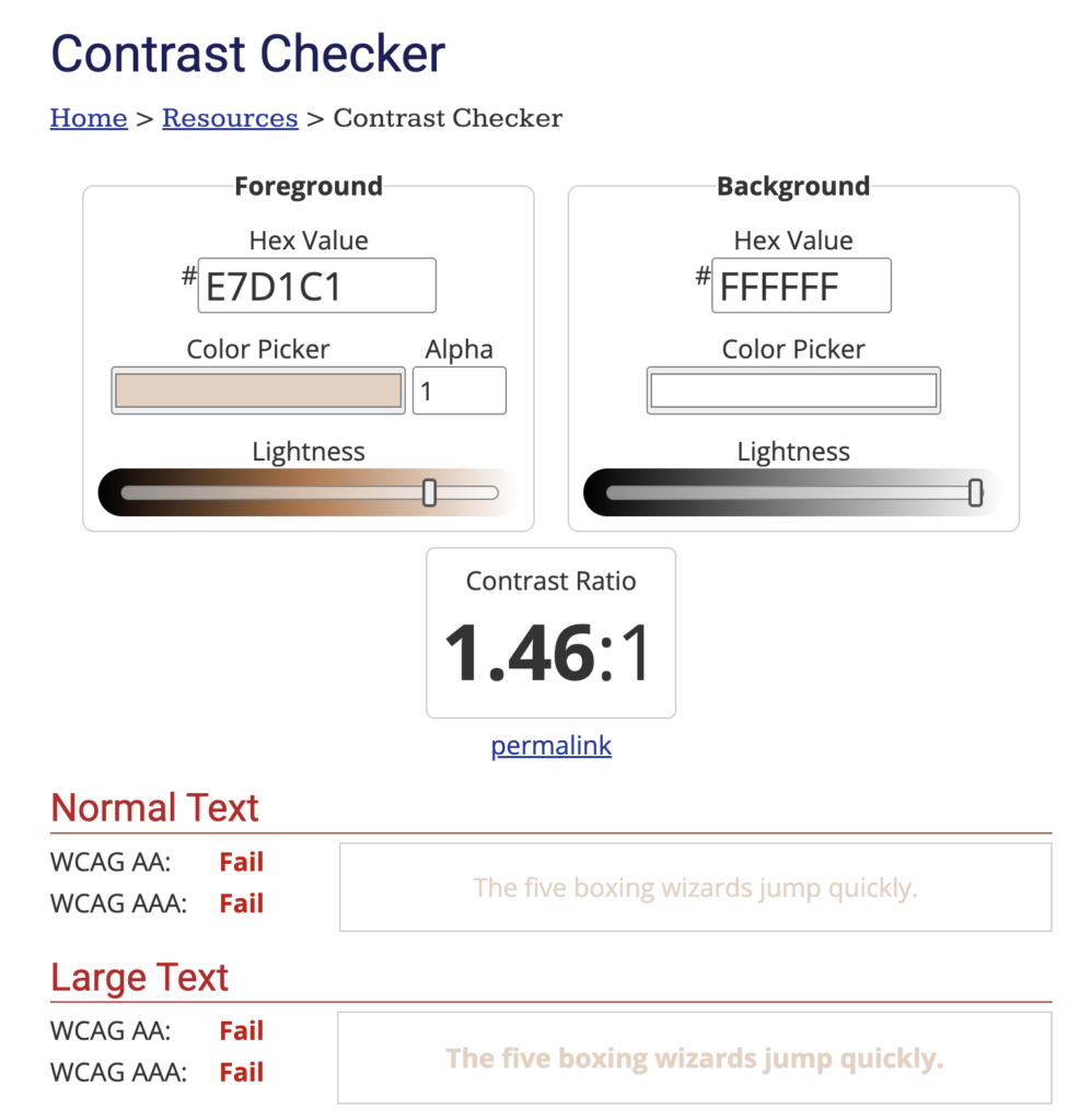 Example using WebAIM Color Contrast Checker.