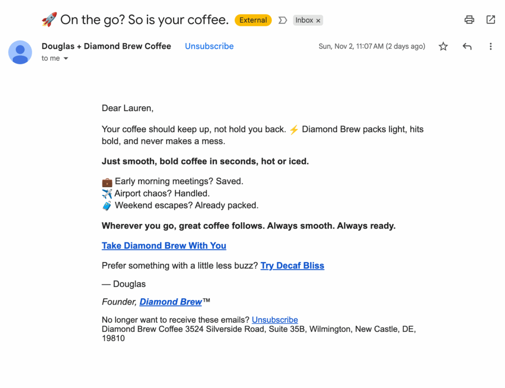 Text-Based Email | Diamond Brew Example